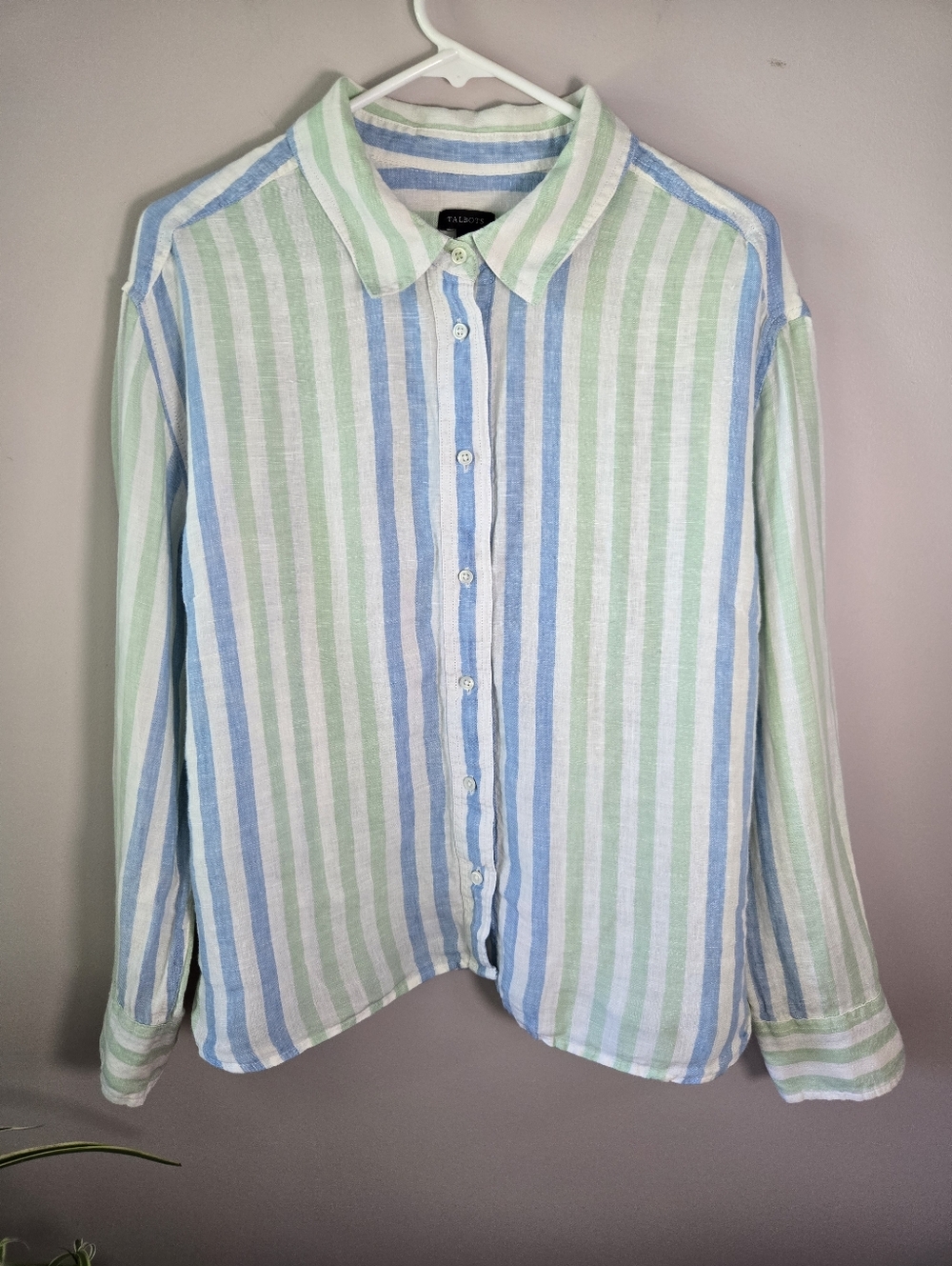 Talbots 100% Linen Striped Button Down Shirt XL Blue Green Coastal